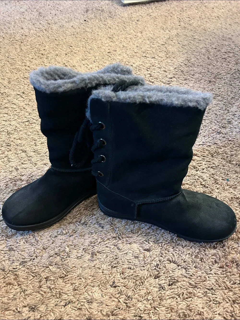 Muk Luks Black Faux-Suede Winter Boots with Gray Faux-Fur Trim